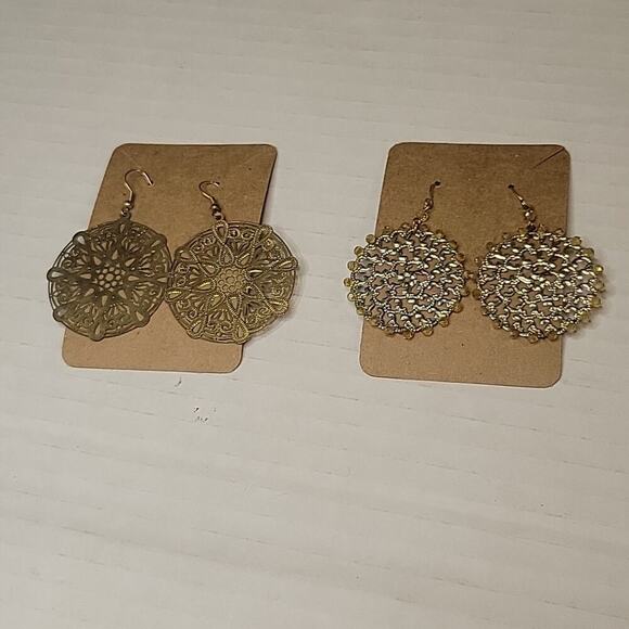 2 Pairs Gold Tone Boho Aztec Southwestern Filigree Statement Dangle 2.5" Earring - Picture 1 of 3